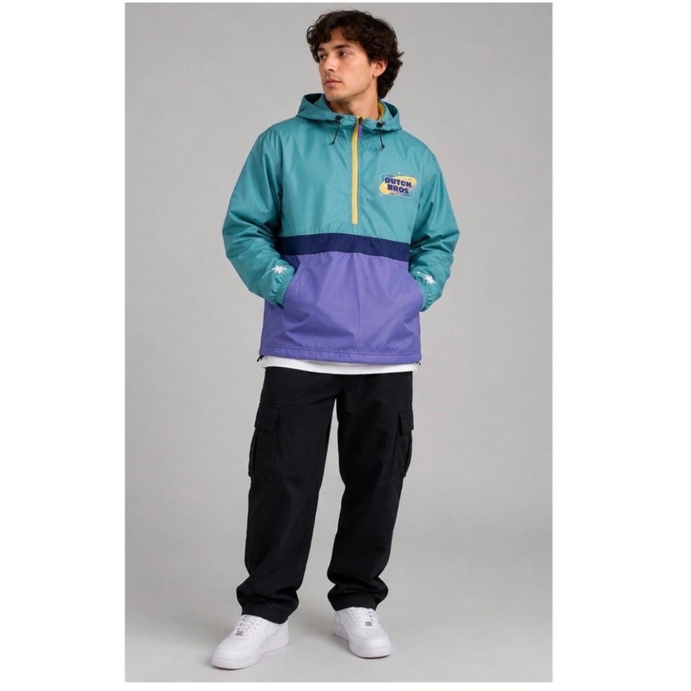 Dutch Bros Windbreaker Mens Medium Teal Purple Colorblock Quarter Zip Anorak